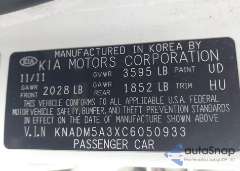 2012 Kia Rio5 Lx z USA, uszkodzony, nr VIN KNADM5A3XC6050933